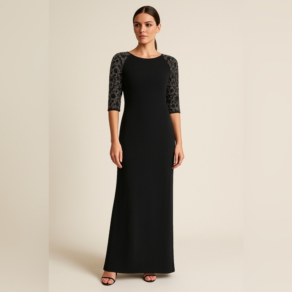 Chetta B long black maxi sheath dress with sequence sleeves